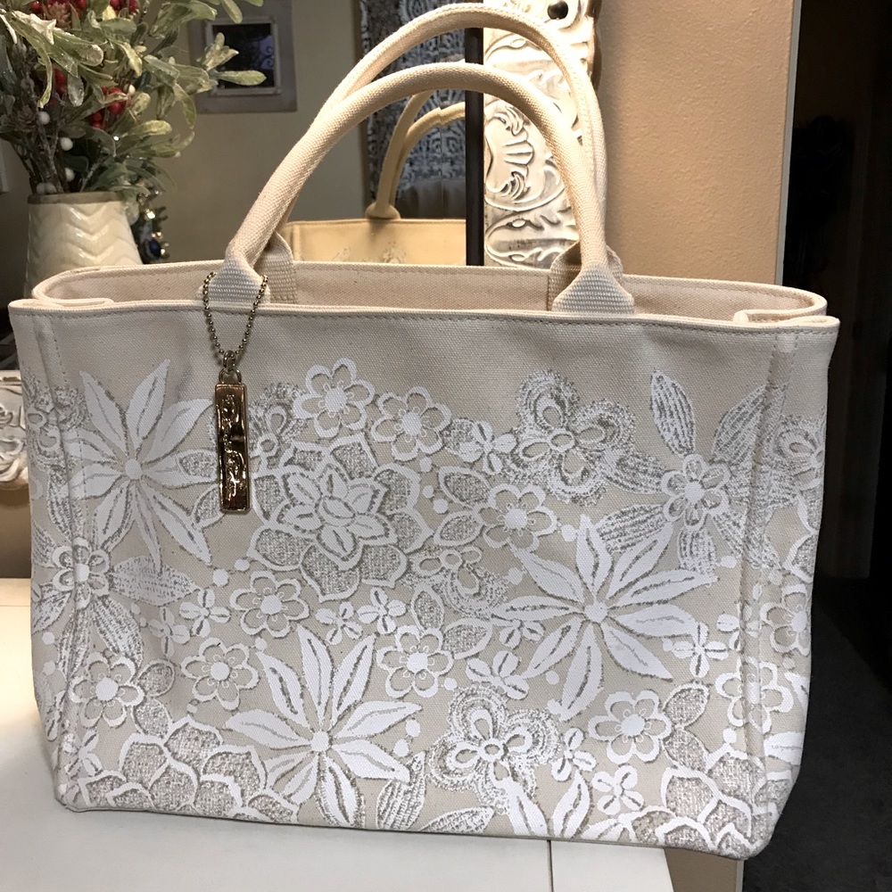 OSCAR DE LA RENTA Neiman Marcus coated canvas tote -cream-white, gold handbag